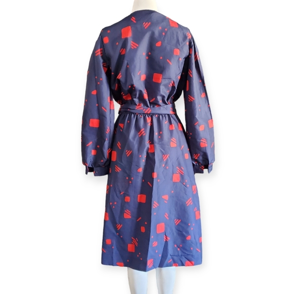 Vintage 80s Navy Blue & Red Abstract Geometric The Shirt Dress Puff Sleeves Midi - Picture 3 of 9